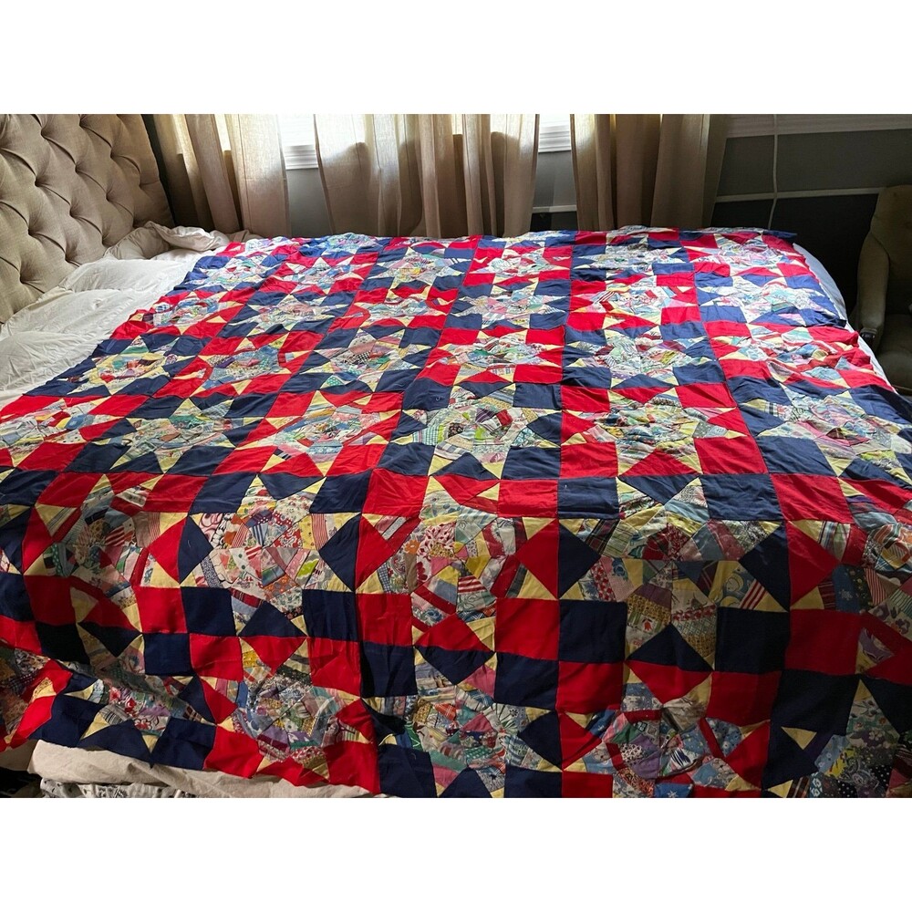Vintage Handstitched Quilt Topper Red Navy Star Pattern Cottage core 82” x 71” - Picture 8 of 11